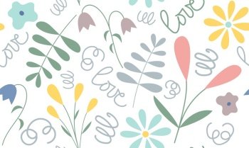 Vector seamless pattern with minimal pastel multicolor flowers and leaves. Simple cute childish print. Spring concept. Vector spring seamless pattern with minimal pastel multicolor flowers and leaves. Simple childish print.