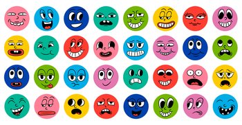 Set of cartoon comic funny faces in retro style with different expressions of emotions. Abstract round icons of heads of emotional characters. Emoji people animation in 50s 60s style. vector.. Set of cartoon comic funny faces in retro style with different expressions of emotions. Abstract round icons of heads of emotional characters. Emoji people animation in 50s 60s style. vector
