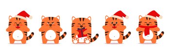 Cute little tigers cats in a flat style. The symbol of the Chinese New Year 2022. An animal with a Christmas cap, with a gift in a box. Angry sullen orange tiger sits and stands. Vector illustration. Cute little tigers cats in a flat style. The symbol of the Chinese New Year 2022. An animal with a Christmas cap, with a gift in a box. Angry sullen orange tiger sits and stands. Vector illustration.