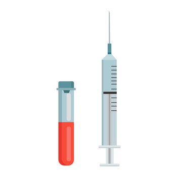 Syringe and tube with blood style flat.Vector isolated objects for use in medical design. Syringe and tube with blood style flat