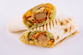 spicy sausages in pita bread isolated on white