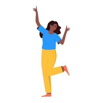 Cute dancing woman with raised hands. International Women’s Day concept for card, poster, banner and other. Flat vector illustration.. Cute dancing woman with raised hands. International Women’s Day concept for card, poster, banner and other. Flat vector illustration