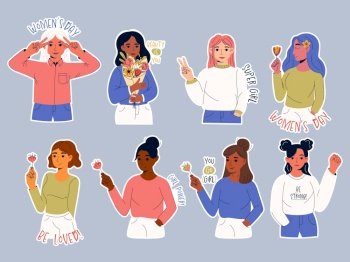 International women’s day. 8 March. Sticker pack with girl power slogans and inspiration quotes.. International women’s day. 8 March. Sticker pack with girl power slogans and inspiration quotes