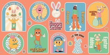 Groovy hippie Happy Easter stickers. Easter bunny, eggs, flower, chickens. Sticker pack of cartoon characters and elements in trendy retro 60s 70s cartoon style. Groovy hippie Happy Easter stickers. Easter bunny, eggs, flower, chickens. Sticker pack of cartoon characters and elements in trendy retro 60s 70s cartoon style.
