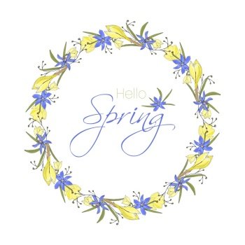 Hello Spring lettering card with wreath hand drawn doodle yellow and purple flowers.