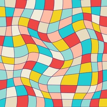Groovy checkered background. Square psychedelic banner in retro cartoon style
