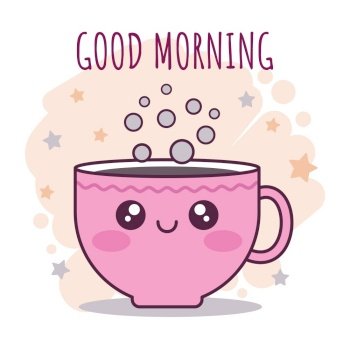 Cute cartoon kawaii coffee cup character with stars on a beige background. Good morning greeting card. Hand drawn doodle vector illustration.