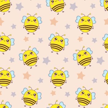 ?hildish pattern with cute kawaii little bee and stars, kids print. Cartoon seamless background, cute vector texture for kids bedding, fabric, wallpaper, wrapping paper, textile, t-shirt print
