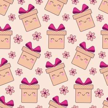 Childish pattern with cute kawaii gift box and flowers, kids print. Cartoon seamless background, cute vector texture for kids bedding, fabric, wallpaper, wrapping paper, textile, t-shirt print