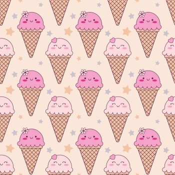 Cute kawaii ice cream cone seamless pattern. Cartoon hand drawn character with stars on a beige background for kids textile, children room, baby shower, nursery decoration.