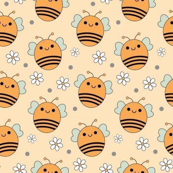 Childish pattern with cute kawaii little bee and flowers, kids print. Cartoon seamless background, cute vector texture for kids bedding, fabric, wallpaper, wrapping paper, textile, t-shirt print