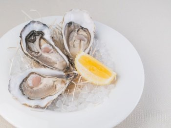 Fresh oysters with lemon on white plate in restaurant. Natural light. Fresh oysters with lemon on white plate in restaurant
