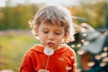 Happy little boy blowing on dandelion in park. 3 years old child making wishes, joy, childhood concept. High quality photo. Happy little boy blowing on dandelion in park. 3 years old child making wishes, joy, childhood concept