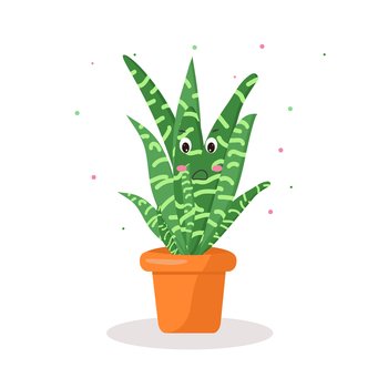 Funny vector illustration. Illustration with green kawaii cactus pot. Symbol face.. kawaii cactus in a pot emotions discontent