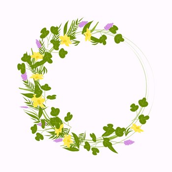 Round frame of spring flowers and twigs. Wedding card decoration. Greeting card. White background. Vector flat illustration.. Round frame of spring flowers and twigs.