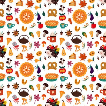 Colorful various autumn pastry and drinks amidst leaves forming seamless pattern on white background. Pattern of various autumn desserts