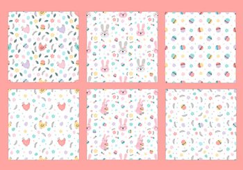 Cute set of Easter patterns. Easter patterns with rabbits, Easter eggs, Easter cakes, etc. Perfect for textiles, banners, candy wrappers, wallpaper. Vector illustration. Cute set of Easter patterns.