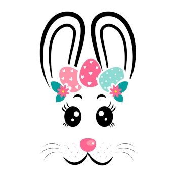 The face of the rabbit with a wreath of eggs. Easter bunny face on white isolated background. Easter bunny face. The face of the rabbit with a wreath of eggs. Easter bunny face