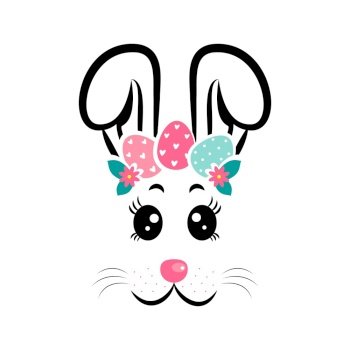 The face of the bunny with a wreath of eggs on white isolated background. Easter bunny face. The face of the bunny with a wreath of eggs. Easter bunny face