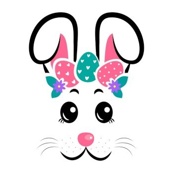 The face of the Easter bunny with a wreath of eggs on white isolated background. The face of the Easter bunny with a wreath of eggs