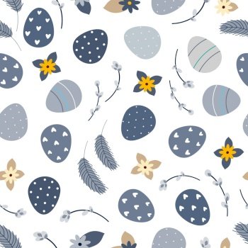 Vector illustration of blue seamless background of eggs and flowers and pussy willow on white surface. Background of pattern for Easter holiday