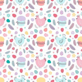 Easter seamless pattern. A pattern with chickens decorated with eggs, cakes, and feathers. Design for textiles, packaging, wrappers, web, printing. Vector flat illustration. Easter pattern. pattern with chickens ,eggs, cakes