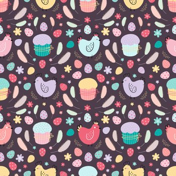 Chicken seamless pattern.Easter pattern with chickens decorated with eggs, cakes and feathers. Design for textile, packaging, packaging, web, printing. Vector flat illustration. Easter seamless pattern with chickens