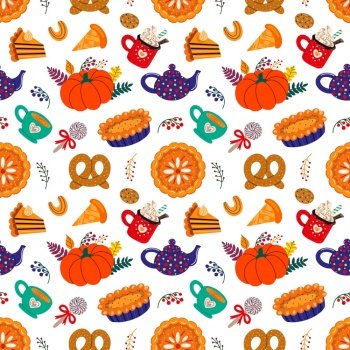 Colorful various autumn pastry and drinks amidst leaves forming seamless pattern on white background. Pattern of various autumn desserts