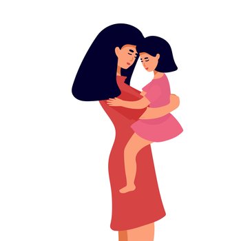 Portrait of young daughter trying to give her mother a big hug. Illustrated in flat design on pink background. Concept of motherhood or love toward mothers.. Portrait of young daughter trying to give her mother a big hug. Illustrated in flat design on pink background. Concept of motherhood or love toward mothers