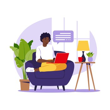 African woman sitting with laptop on armchair. Concept illustration for working, studying, education, work from home. Flat. Vector illustration.