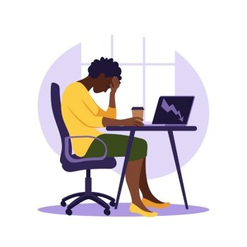 Professional burnout syndrome. Illustration tired african female office worker sitting at the table. Frustrated worker, mental health problems. Vector illustration in flat style.