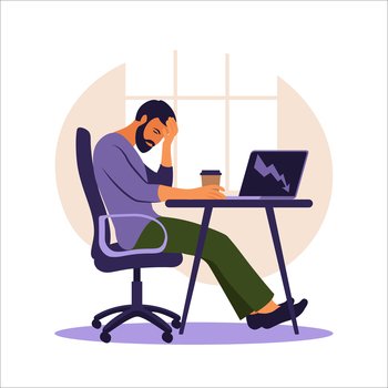 Professional burnout syndrome. Illustration tired office worker sitting at the table. Frustrated worker, mental health problems. Vector illustration in flat.