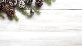 Christmas background with xmas tree and fir cones on white wooden background. Space for text