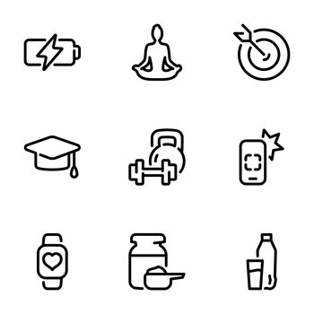 Set of black vector icons, isolated on white background, on theme Fitness & Training