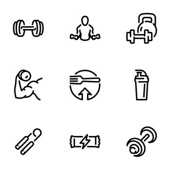 Set of black vector icons, isolated on white background, on theme Bodybuilding, fitness and sports nutrition