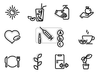 Set of black vector icons, isolated against white background. Flat illustration on a theme Food supplements, vitamins, prevention and a healthy lifestyle. Simple vector icons. Flat illustration on a theme Food supplements, vitamins, prevention and a healthy lifestyle