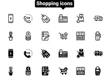Simple vector icons. Flat illustration on a theme ordering and buying goods. Set of black vector icons, isolated against white background. Flat illustration on a theme ordering and buying goods