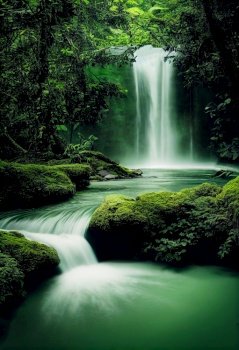 Horizontal shot of a untouched beautiful waterfall at green forest 3d illustrated