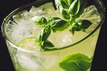 Vertical shot of Fresh delicious gin basil smash with lime 3d illustrated