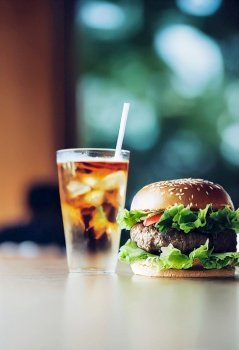 Horizontal shot of delicious burger and cold drinks 3d illustrated