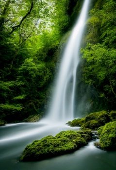 Horizontal shot of a untouched waterfall with beautiful nature 3d illustrated