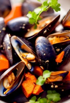 Horizontal shot of delicious thai style mussels with sweet potato 3d illustrated