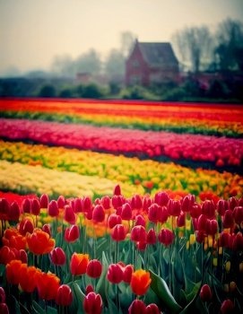 Dutch mill with colorful tulips 3d illustrated