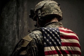 Vertical shot of brave American soldier with American flag on his back