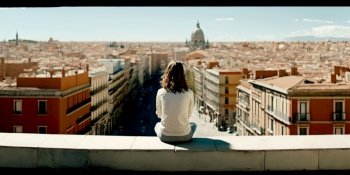 Vertical shot of Madrid Spain with Beautiful strong young woman
