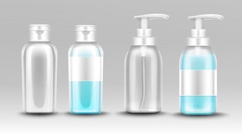 Plastic bottle with dispenser pump for liquid soap, antibactrial gel, sanitizer or cosmetic product. Vector realistic mockup of transparent package empty and full of antiseptic cleanser. Plastic bottle with dispenser pump for liquid soap