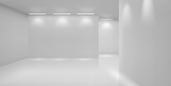 Art gallery empty 3d room with white walls, floor and illumination lamps. Museum interior passages with lights for pictures presentation, photography contest exhibition hall, Realistic vector mock up. Art gallery empty room with white walls and lamps