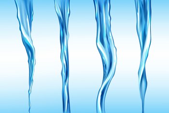 Water streams set, isolated flow motion of pure liquid. Hydration elements on blue background. Dynamic flowing transparent pouring aqua jet, drink, waterfall or river spate Realistic 3d vector clipart. Water streams set, isolated flow motion of liquid