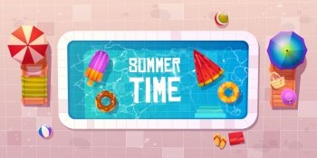 Swimming pool with deck chairs, umbrellas, inflatable rubber rings and rafts in water. Vector cartoon summer time banner with empty poolside top view. Tropical resort vacation, resting in hotel. Summer time, swimming pool top view