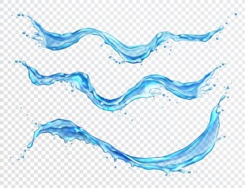 Water splash, flowing water stream with drops realistic vector illustration, isolated on background. Blue transparent liquid flow wawe, clear texture, banner. Water splash, flowing water realistic isolated